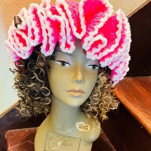 Vibrant Pink and White Ruffled Knit Hat